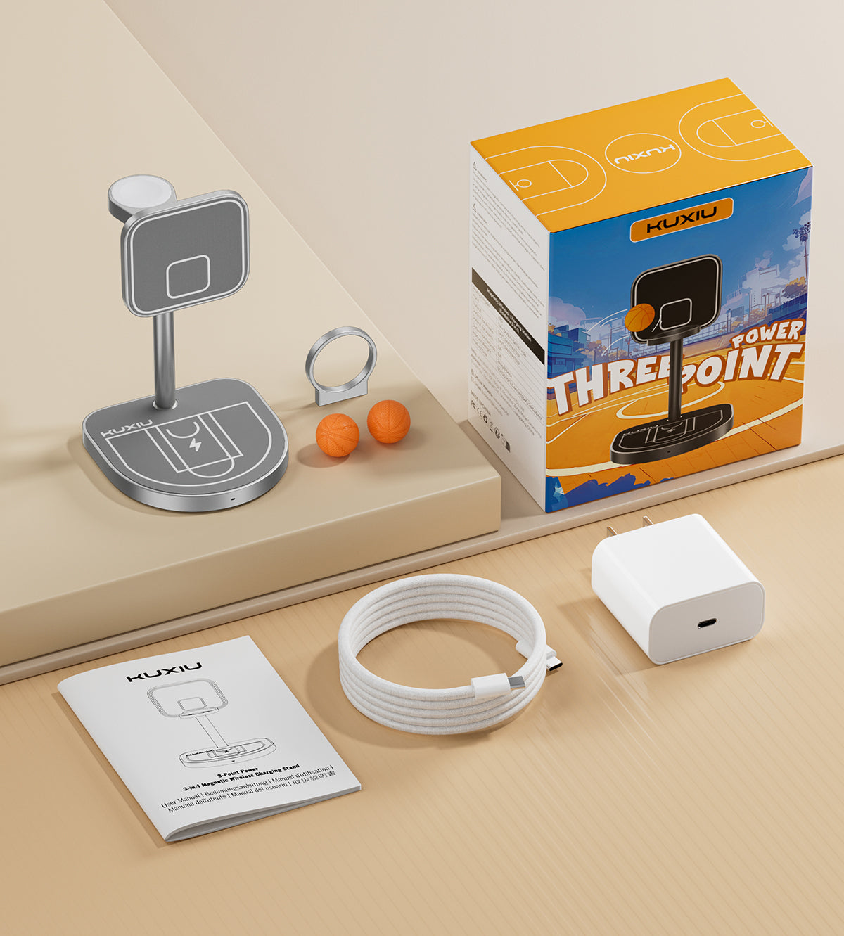 Soporte de carga inalámbrica magnético creativo 3 en 1 de 3-Point Power KUXIU - Gris